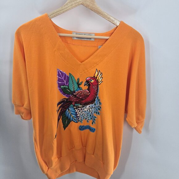 Vintage Karen Scott Orange Upcycled Lorikeet Parrot Applique Short Sleeved Top L - Picture 1 of 16